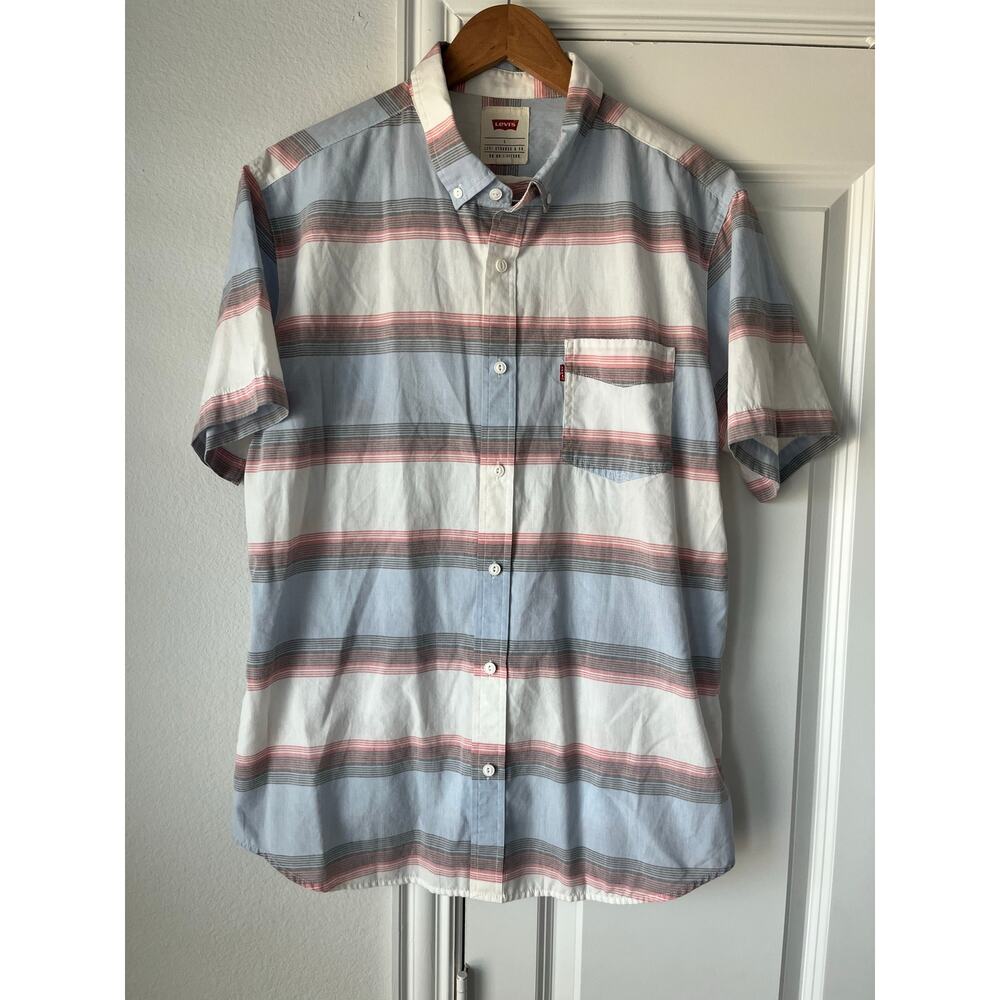 NWOT Levi's Mens Large Striped Blue/Red Button Up Collared Shirt w/ Pocket